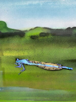 Eine gemalte blau-gelbe Libelle vor eine grünen Landschaft.